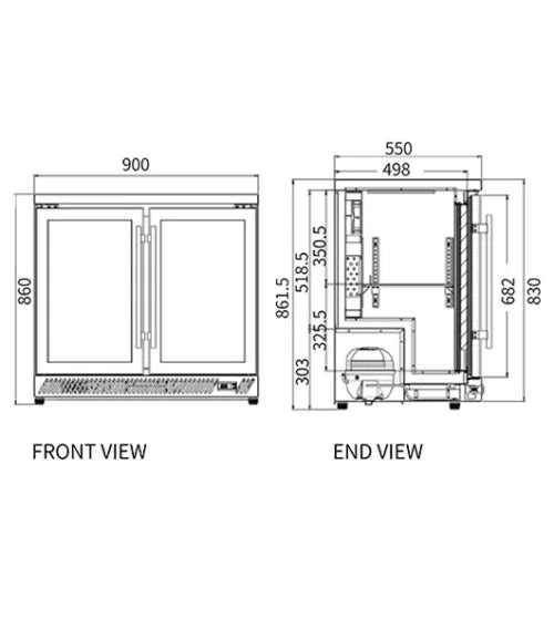 Snow Village Under Bench Stainless Steel Double Door Bar Cooler BT-900FS/F - BT-900FS/F