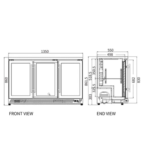 Snow Village Under Bench Triple Door Bar Cooler BT-1350FS/F - BT-1350FS/F