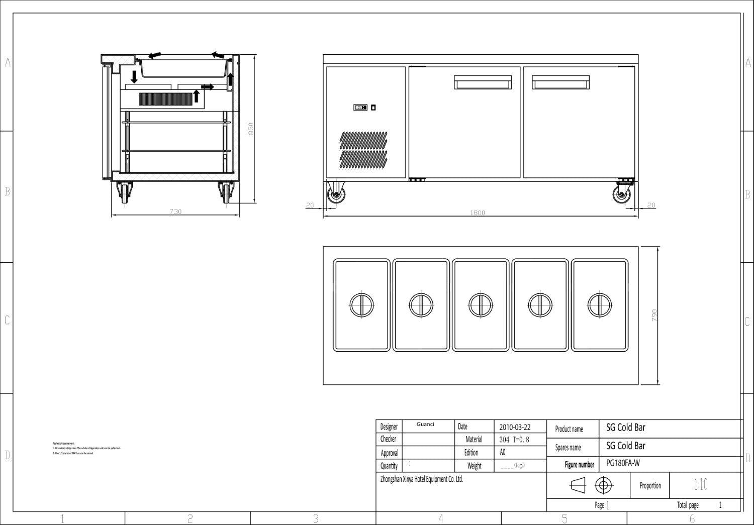 PG180FA-B Bench Station Two Door - 5×1/1 GN Pans
