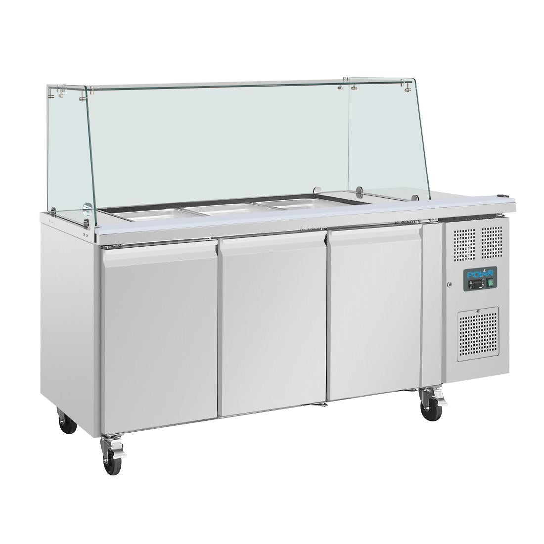 Polar U-Series GN Saladette Counter with Square Sneeze Guard 3 Door UA018-A