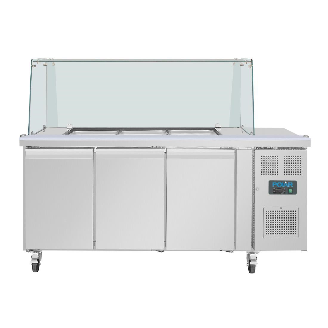 Polar U-Series GN Saladette Counter with Square Sneeze Guard 3 Door UA018-A