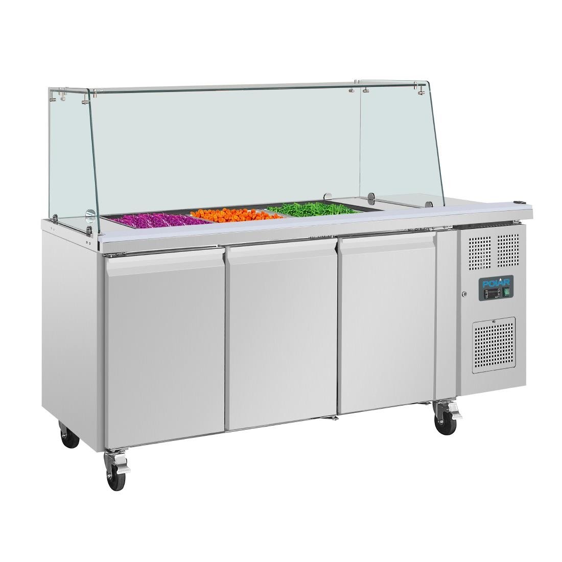 Polar U-Series GN Saladette Counter with Square Sneeze Guard 3 Door UA018-A