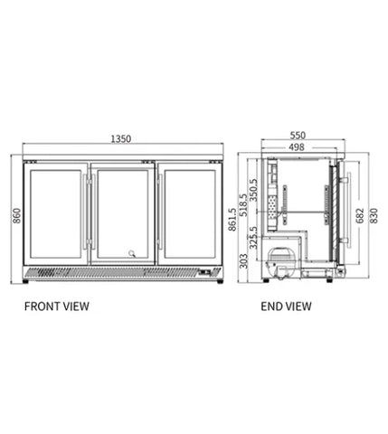 Snow Village Under Bench Triple Door Bar Cooler BT-1350FS/F - BT-1350FS/F