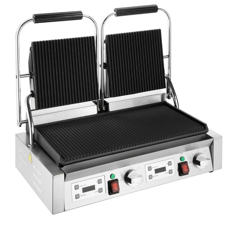 Apuro Double Contact Grill Ribbed Plates with Timer CU611-A