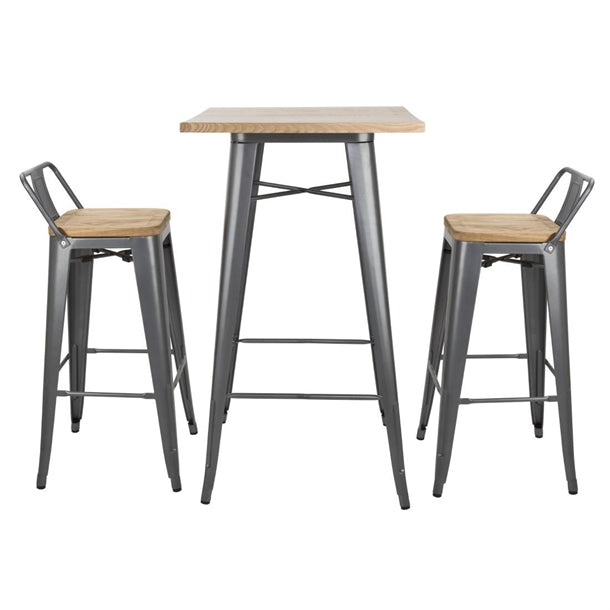 Bolero Bistro Metal Square Bar Table Gun Metal Grey with Wooden Top 600mm FB596