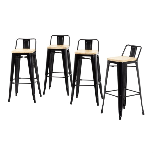 Bolero Bistro Metal High Bar Stool with Wooden Seat Pad and Back Rest Black (Pack of 4) FB623