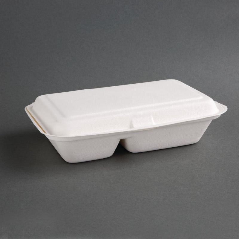 Fiesta Compostable Bagasse Hinged 2-Compartment Food Containers 253mm (Pack of 200) FC524