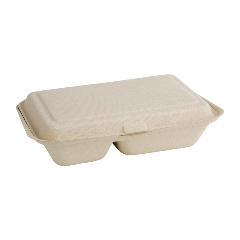 Fiesta Compostable Bagasse Two-Compartment Hinged Food Containers Natural Colour 253mm (Pack of 200) FC541