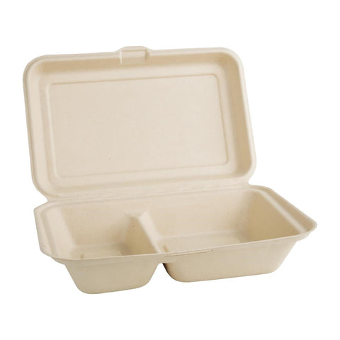Fiesta Compostable Bagasse Two-Compartment Hinged Food Containers Natural Colour 253mm (Pack of 200) FC541