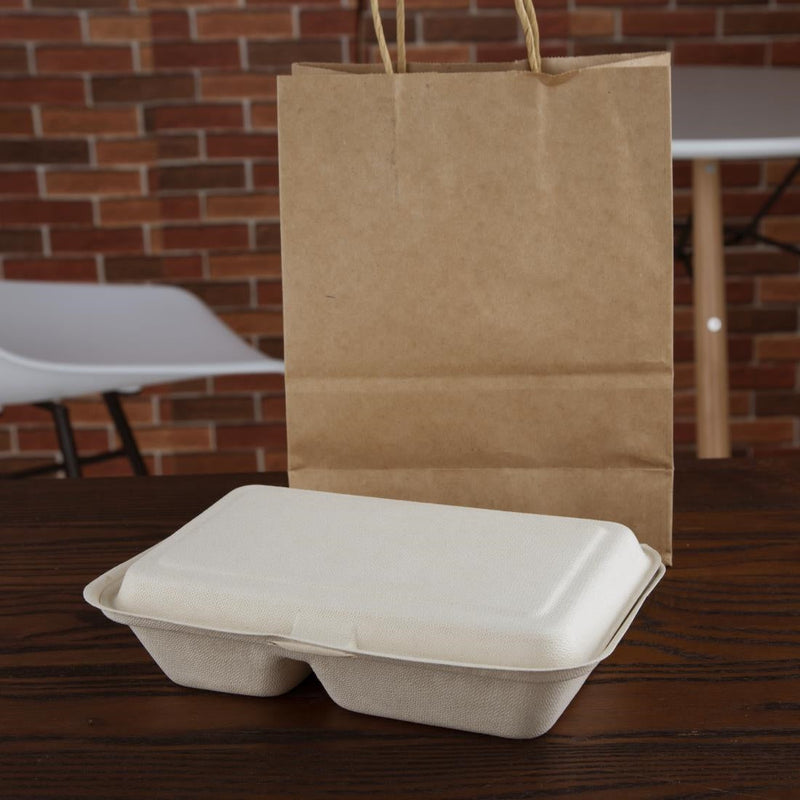 Fiesta Compostable Bagasse Two-Compartment Hinged Food Containers Natural Colour 253mm (Pack of 200) FC541