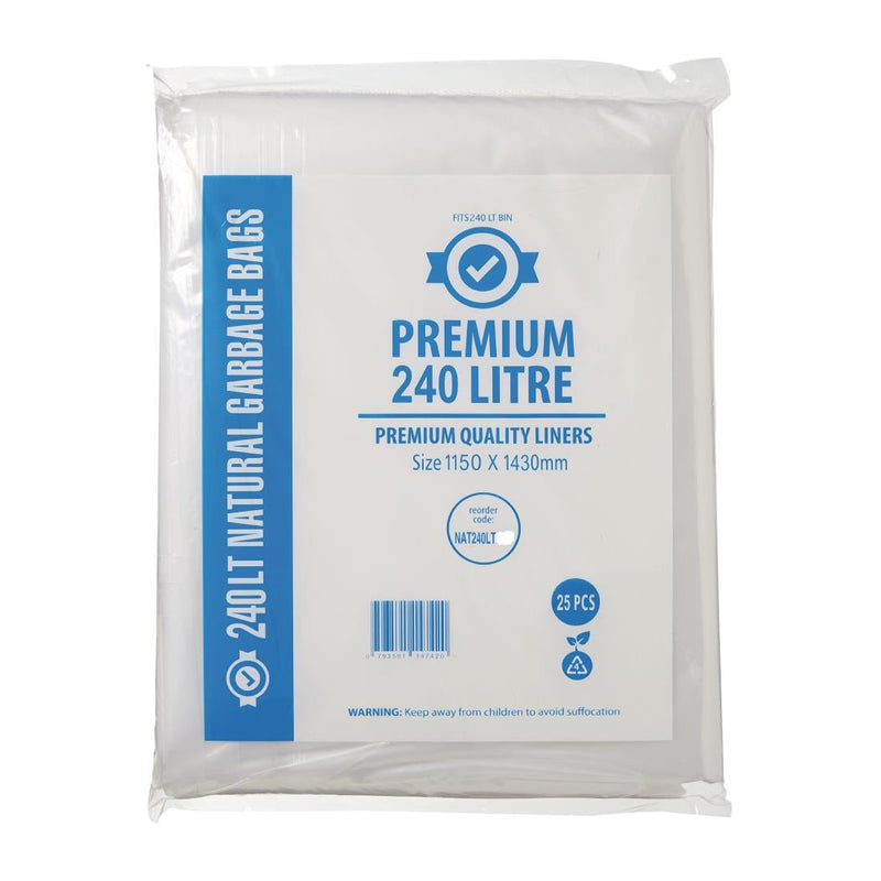 Jantex Premium Food Safe Garbage Bags Clear 240Ltr (Pack of 25) FL887