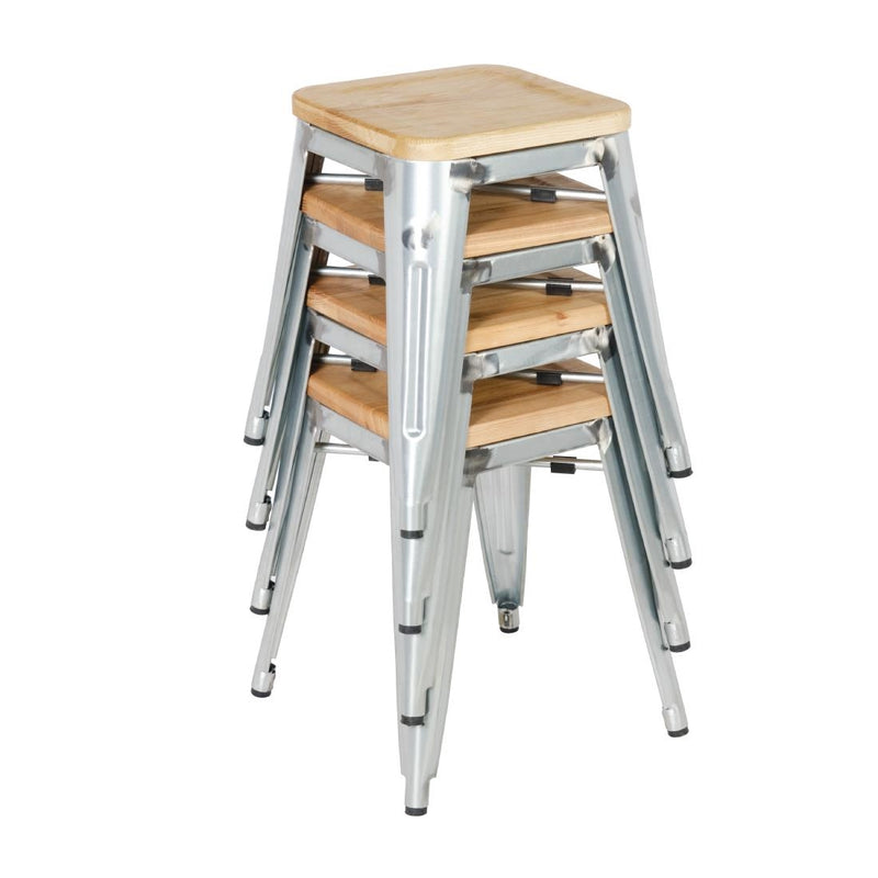 Bolero Galvanised Steel Bistro Low Stools with Wooden Seat Pad GM634