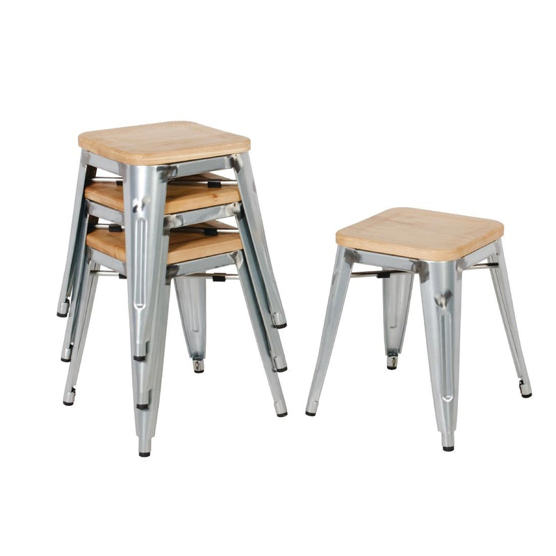 Bolero Galvanised Steel Bistro Low Stools with Wooden Seat Pad GM634