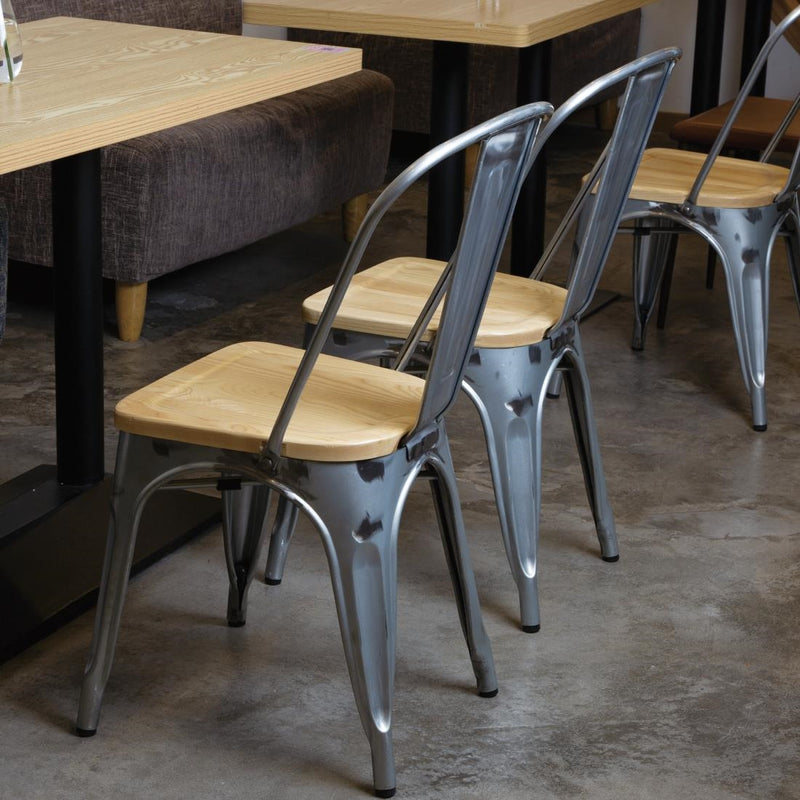 Bolero Galvanised Steel Dining Sidechairs with Wood Seat Pad GM642