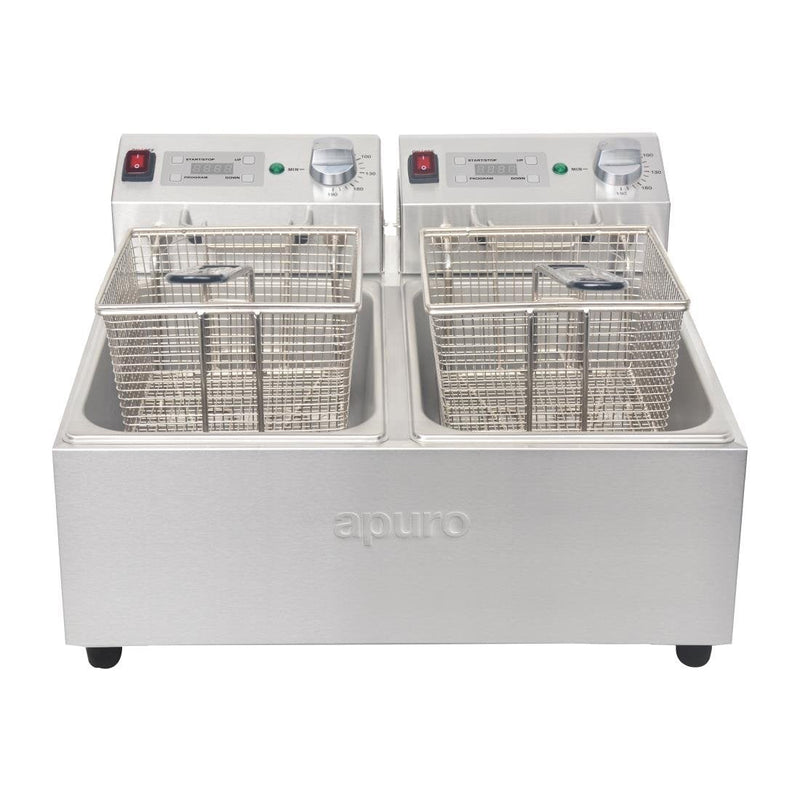 Apuro Twin Tank Twin Basket 2x 5Ltr Countertop Fryer with Timer 2x 2.2kW