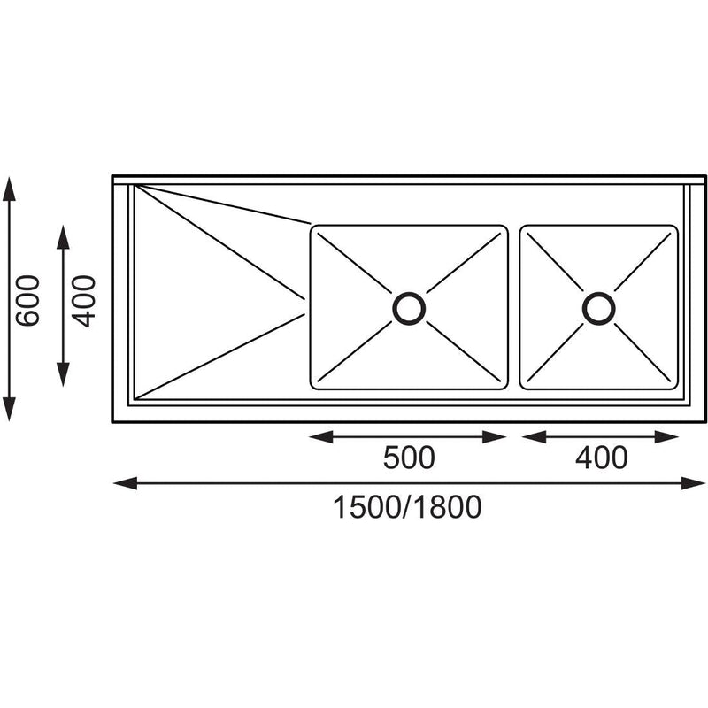 Vogue Double Bowl Sink L/H Drainer - 1500mm 90mm Drain